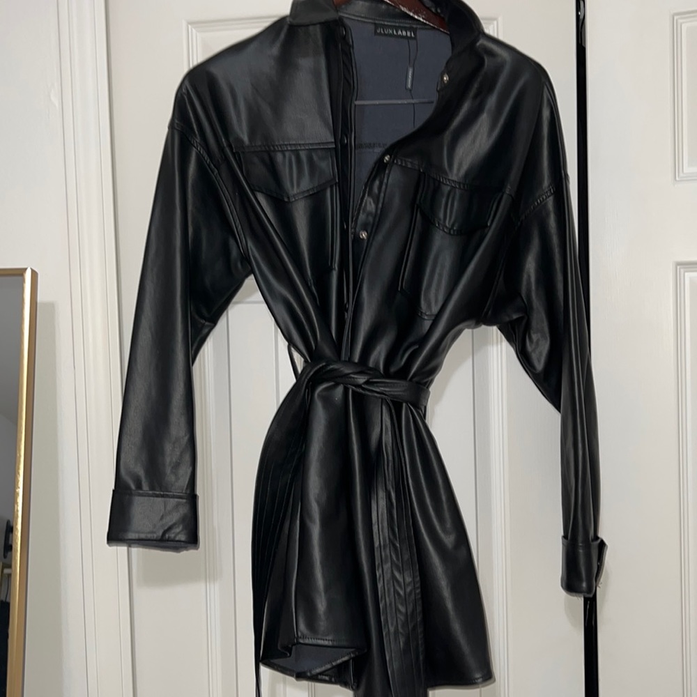 Oversized tie waist leather blazer